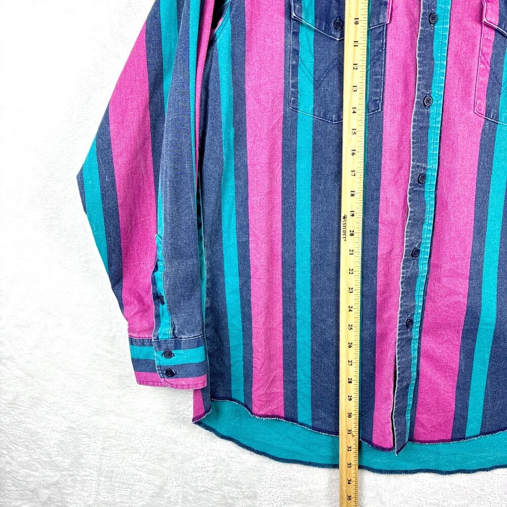 VTG Wrangler Brushpopper Shirt Men XL 17-35 Blue Pink Green Striped Cowboy USA - Picture 7 of 13